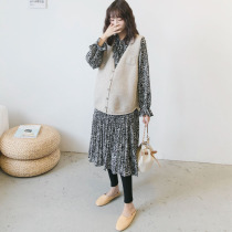 Pregnancy Woman Dress Autumn Winter Dress Korean Version Temperamental Pregnant Woman Horse Chia Crushed Flowers One-piece Dress Two Sets Loose Large Code Pregnant Woman Suit