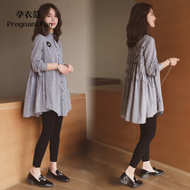 Pregnant women autumn suit loose jacket foreign style fashion plaid shirt jumpsuit long two pieces spring and summer