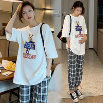 2022 Gestational Woman Dress Loose in thin medium long section Two sets pure cotton T-shirt plaid Totbelly pants Fashion suit of summer clothes