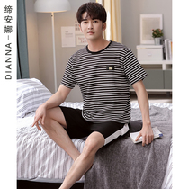 Pajamas mens summer short sleeves cotton thin stripe 2022 new mens can wear out of the housewear set summer
