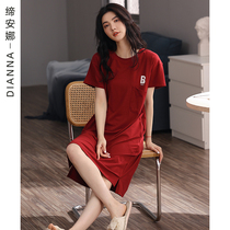 Lycra nightgown women summer short sleeves cotton thin red 2022 new style wedding new marriage life year homewear