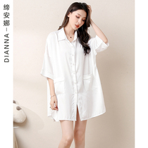 Ice silk nightgown women summer short sleeves 2022 new white shirt imitation silk pajamas thin boyfriend wind high sense