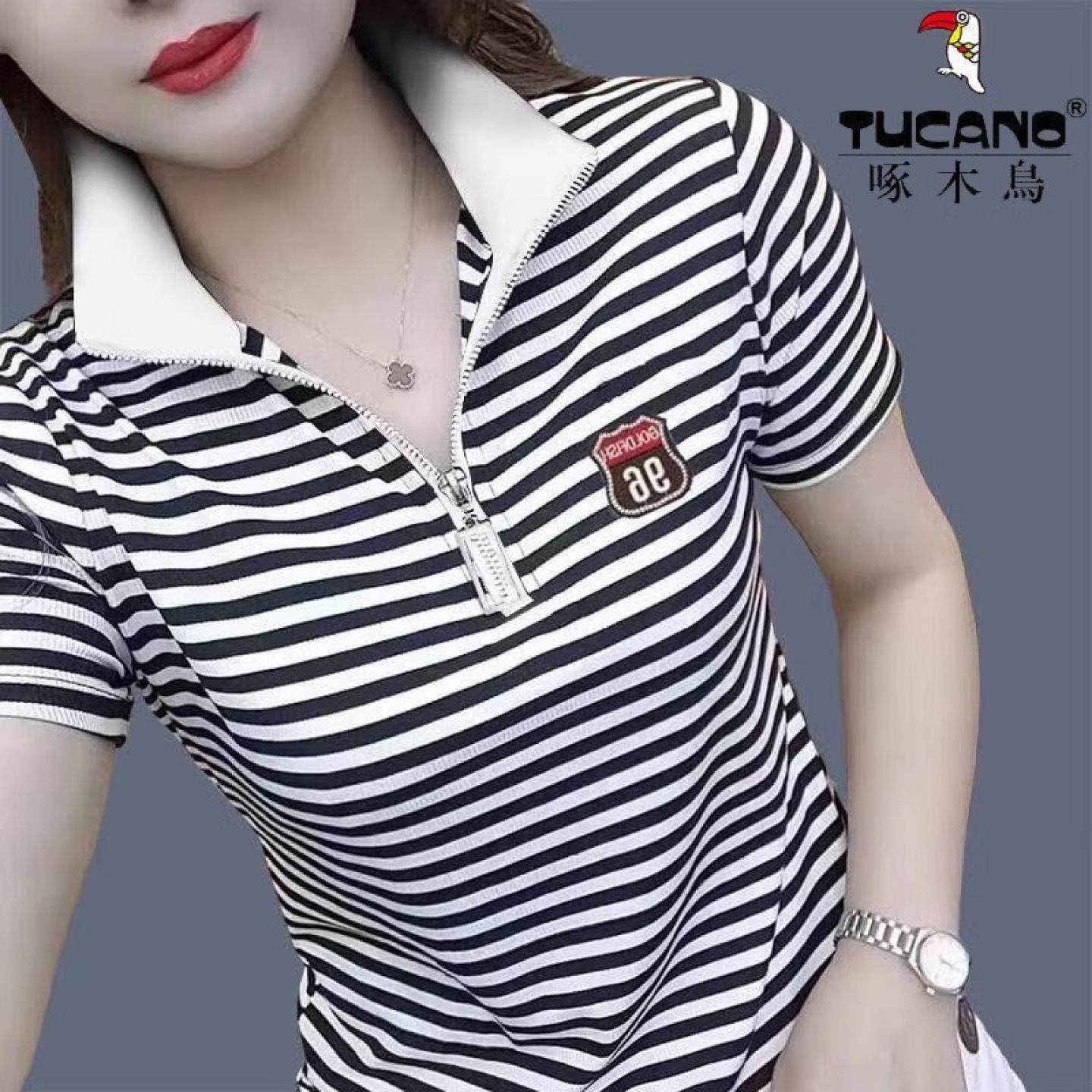 啄木鸟正品纯棉短袖t恤女士个性翻领上衣显瘦POLO衫潮流妈妈装ins