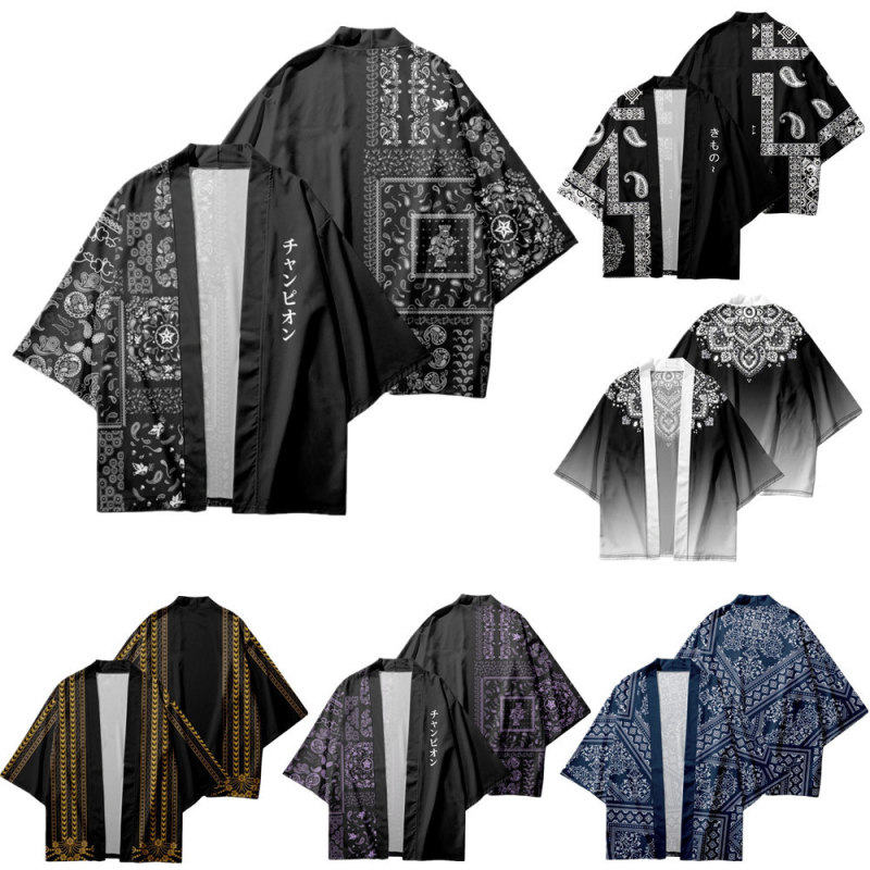 New 2025 Cashew Flower Pattern Cardigan Cape 3D Digital Print Retro Japanese Kimono Home Robe