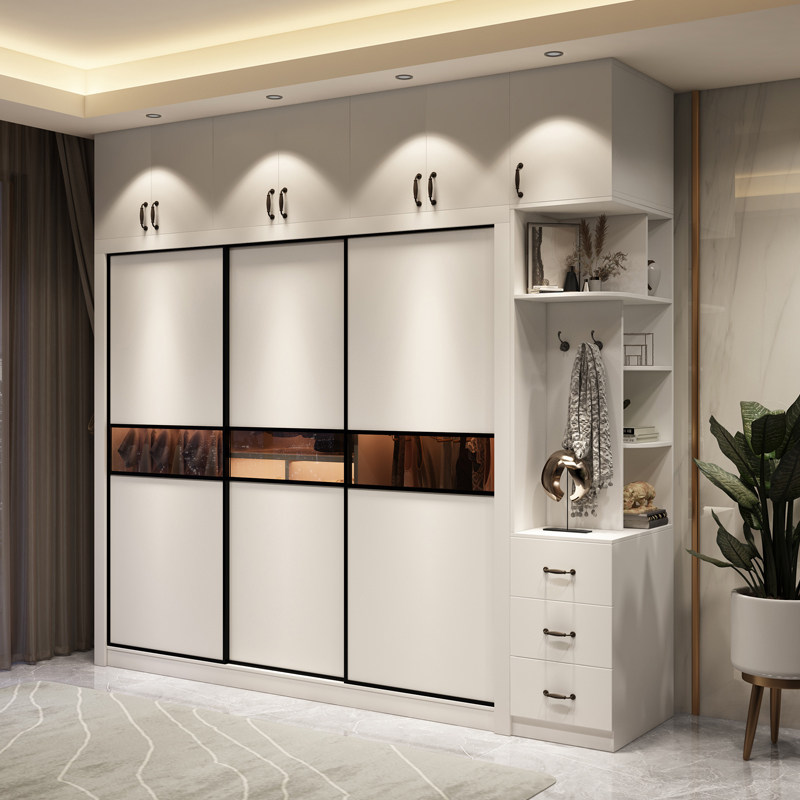 White Wardrobe Home Bedroom Modern Minima Economy Type Ramen Large Coat Cabinet Slip Door Glass Door Closet