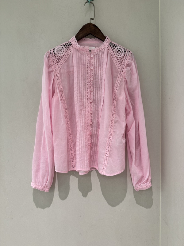 French Romanticism, Luxurious and Fashionable, Sweet Lace Splicing, Embroidered Stripes, Sheer, Girly, Workwear, Silk Cotton Shirt