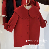 Girls New Year red double-sided woolen coat 2024 autumn and winter style baby mid-length thickened woolen coat