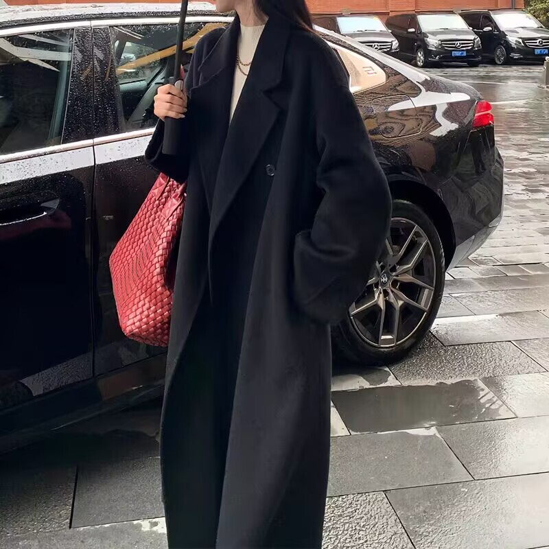 Black Wool Double-Sided Coat for Women, New Winter Style, Lazy Style, Elegant Mid-Length Double-Breasted Woolen Coat