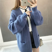 Mùa xuân 2019 mới của phụ nữ hoang dã phồng tay áo len màu rắn áo len của phụ nữ áo len túi áo len thủy triều - Cardigan ao len nu