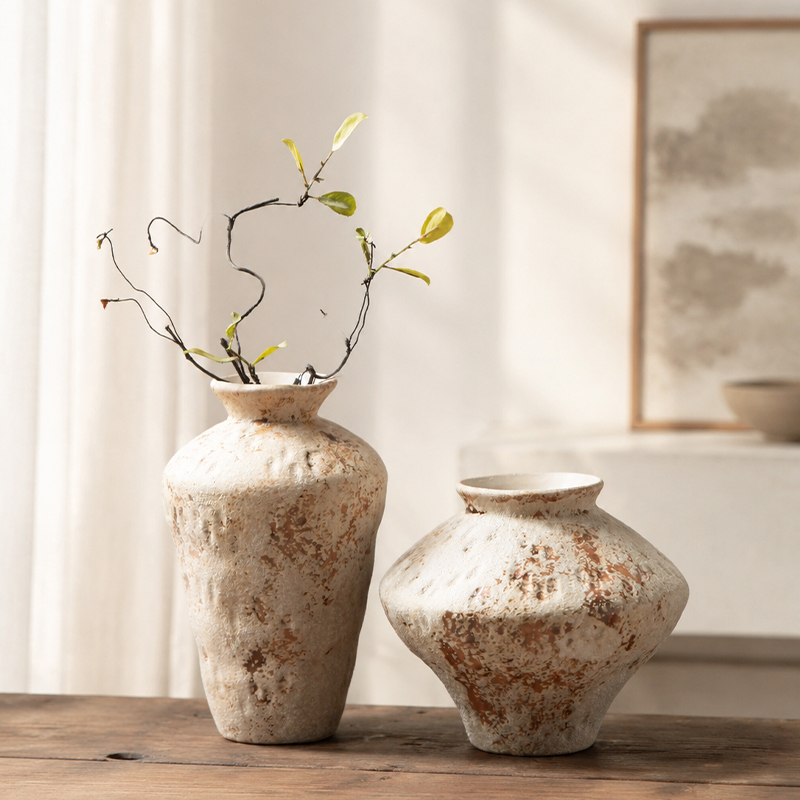 Jingdezhen Rustic Pottery Vase, Wabi-Sabi Style Handmade Ceramic Dried Flower Vase, Vintage Distressed Texture Home Decor for Living Room