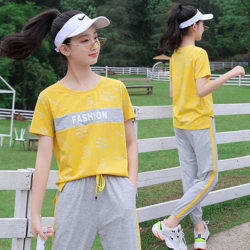 Спортивный костюм для школьников, летняя одежда, хлопковый комплект для отдыха, для средней школы