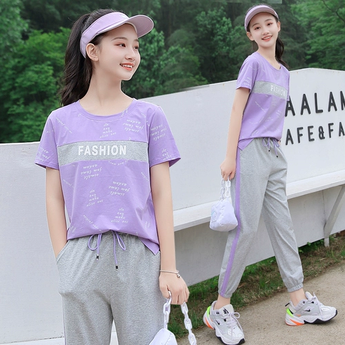 Спортивный костюм для школьников, летняя одежда, хлопковый комплект для отдыха, для средней школы