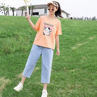 21890 неглубокий оранжевый короткий рукав+джинсы джинсы