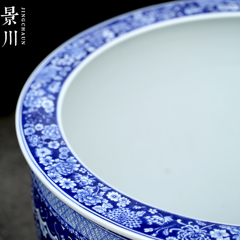 Jingdezhen blue and white porcelain painting flower ceramic aquarium fish tank sitting room lobby the tortoise water lily cylinder furnishing articles
