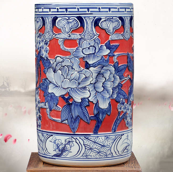 Jingdezhen ceramic quiver carving peony figure put vase mesa of sitting room office furnishing articles calligraphy and painting scroll to receive goods