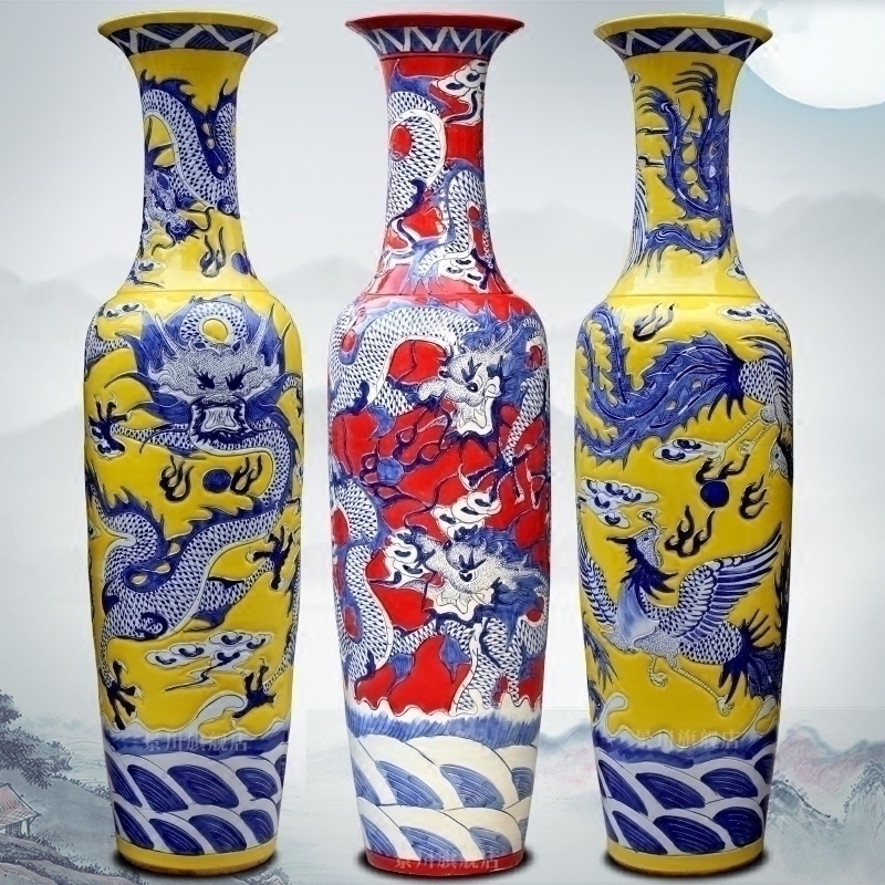 Jingdezhen ceramics dragon in huanglong day hand carved sitting room of large vase opening gifts furnishing articles