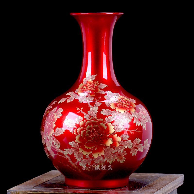 Countertop Vase Jingdezhen Ceramics Chinese Red Crystal Glazed Flowers Blooming Wealthy Modern Home Decoration Living Room Ornament