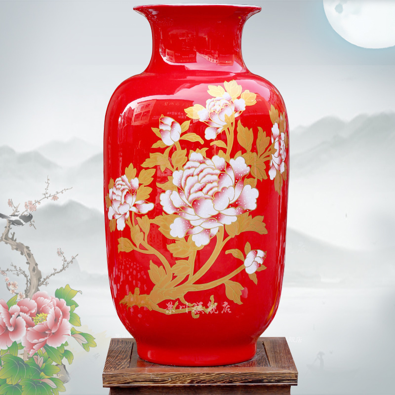 Jingdezhen ceramic Chinese red gold peony flower arranging dried vase sitting room office mesa study place adorn article