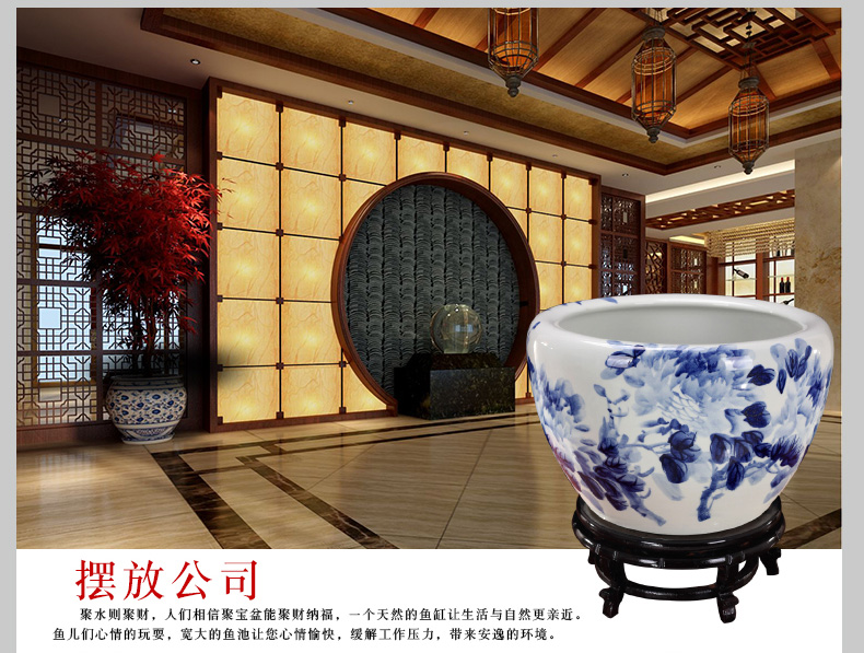 Jingdezhen ceramics brocade carp goldfish bowl of blue and white porcelain peony water lily lotus tortoise cylinder household adornment furnishing articles