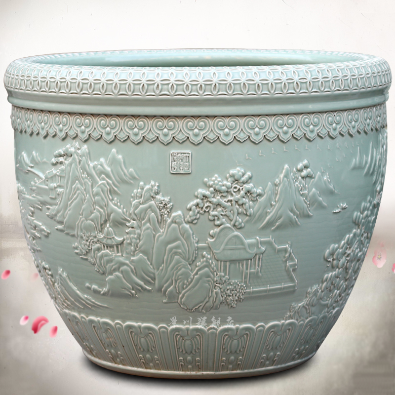 Jingdezhen porcelain carving landscape painting goldfish turtle cylinder water lily sitting room courtyard study office furnishing articles