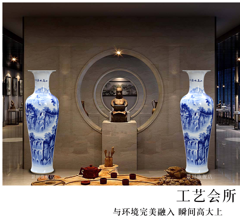 Jingdezhen blue and white porcelain ceramic big vase hand - made mountain high ShuiChangTu furnishing articles sitting room of Chinese style household ornaments