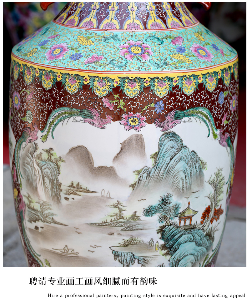 Hand - made pastel landscapes ears landing big vase jingdezhen ceramic furnishing articles of Chinese style household living room decoration