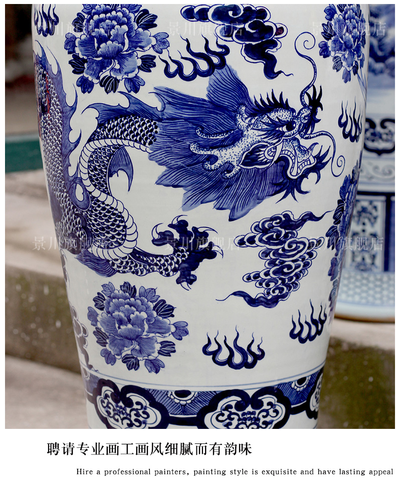 Hand - made longfeng figure of large vase of jingdezhen blue and white porcelain great place to live in the sitting room the hotel Chinese style decoration