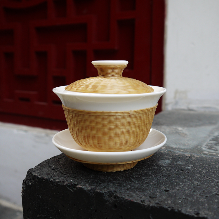 Chengdu Intangible Cultural Heritage Handmade Bamboo Silk Inlaid Porcelain Tea Cup, Porcelain Base with Bamboo Woven Lid, Kung Fu Tea Set, Intangible Cultural Heritage Characteristic Three-Piece Lid Bowl