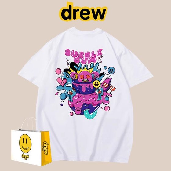 DrawSmiley 얼굴 반팔 티셔츠 남성용 느슨한 여름 커플 착용 여성용 트렌디 캐주얼 만화 프린트 반소매 바닥 셔츠