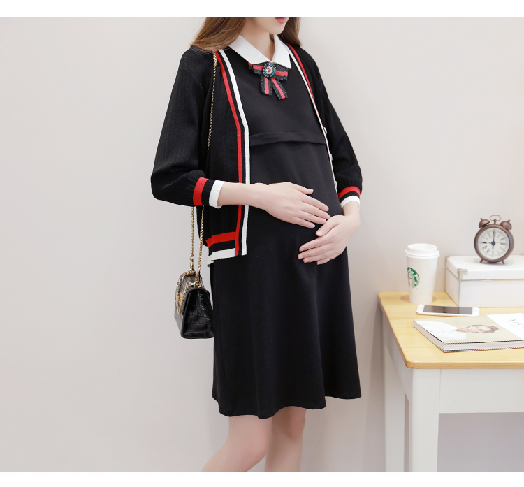 Bộ đồ mùa thu đông cho bà bầu thời trang 2019 áo len mới dệt kim mùa xuân đầm hai dây cho mẹ mùa đông các thương hiệu đầm bầu nổi tiếng