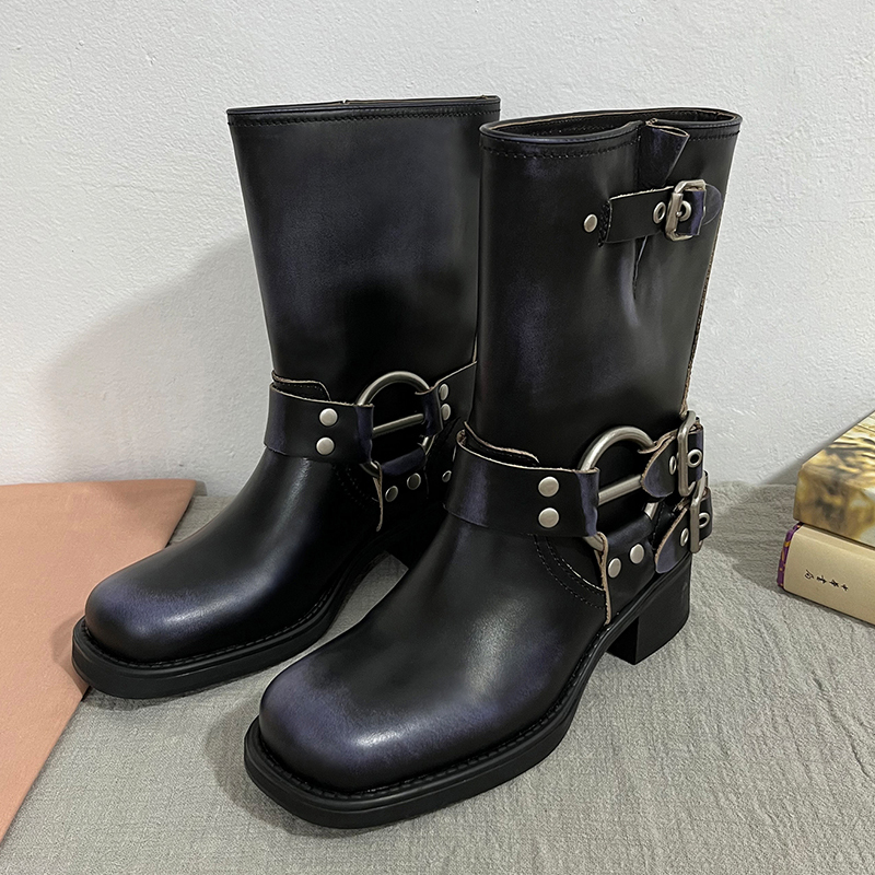 Genuine Leather Western Cowboy Boots 2023 New Retro Style Metal Buckle Square Toe Knight Boots Mid-Calf Martin Boots Short Boots for Women
