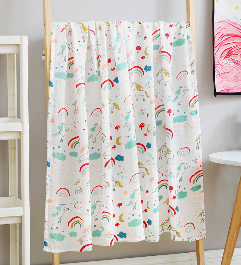 Rainbow Horse (Double Layer 120 * 110Cm)baby Gauze Bath towel Class A children pure cotton 120 Large size double-deck Cuddle quilt summer Thin Baby bed Advance sheet