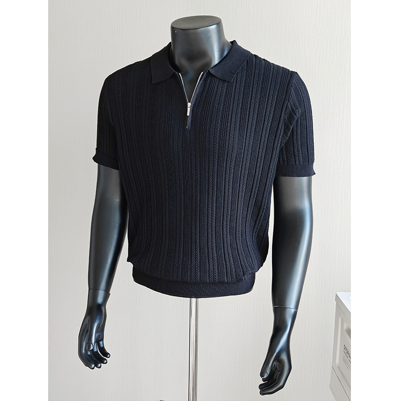 Tencel Linen Breathable Knitted Polo Shirt Men's Short-Sleeved 2026 Summer Solid Color Striped Half-Zip Lapel T-Shirt