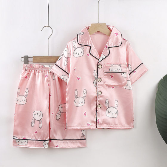 2024 summer new children's ice silk short-sleeved + shorts pajamas set boys and girls light home clothes