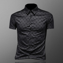 European station mens short sleeve shirt letter flocking slim size business leisure summer thin half sleeve shirt tide
