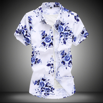 Mens large size short sleeve flower shirt summer new personality printing Korean slim shirt handsome breathable top tide