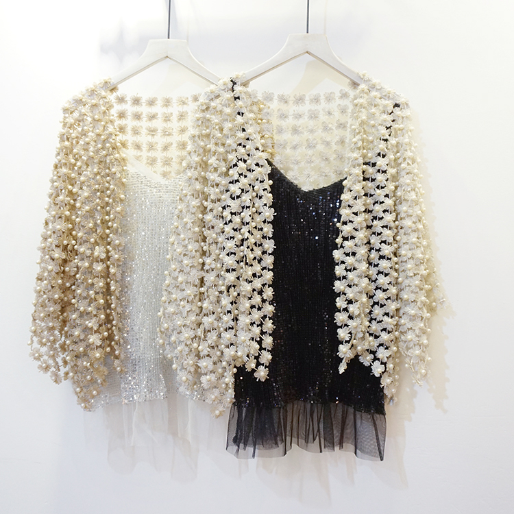 New Socialite-Style Slim-Fitting Gold Thread Lace Hollow-Out Three-Quarter Sleeve Short Shawl 2024 Summer Women's New Anti-Exposure Outerwear