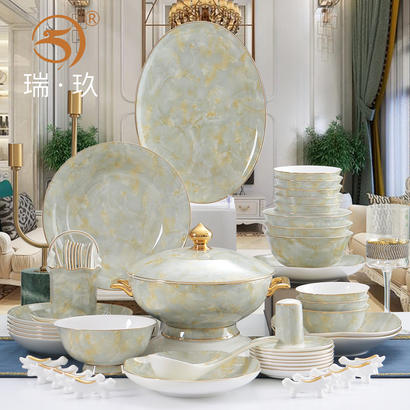 Light Luxury Tableware Set 2026 New Marble Pattern Gray Bowl and Plate Combination Household 60-Piece Bone China Bowl and Plate Set