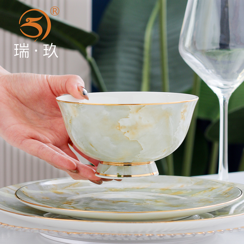 Single Household Bowl 4.5inch Chinese-Style Light Luxury Marble-Patterned Bowl Tableware Bone China Rice Bowl Soup Bowl 6inch Side Bowl