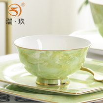  Bowl Household single 4 5-inch Chinese green marbled bowl tableware Bone China rice bowl Soup bowl 6-inch noodle bowl