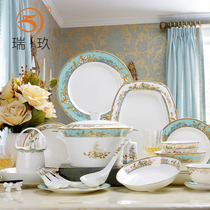 Dish set Household European-style 60-head Tangshan bone China tableware bowl and plate Western-style creative ceramic bowl and plate combination