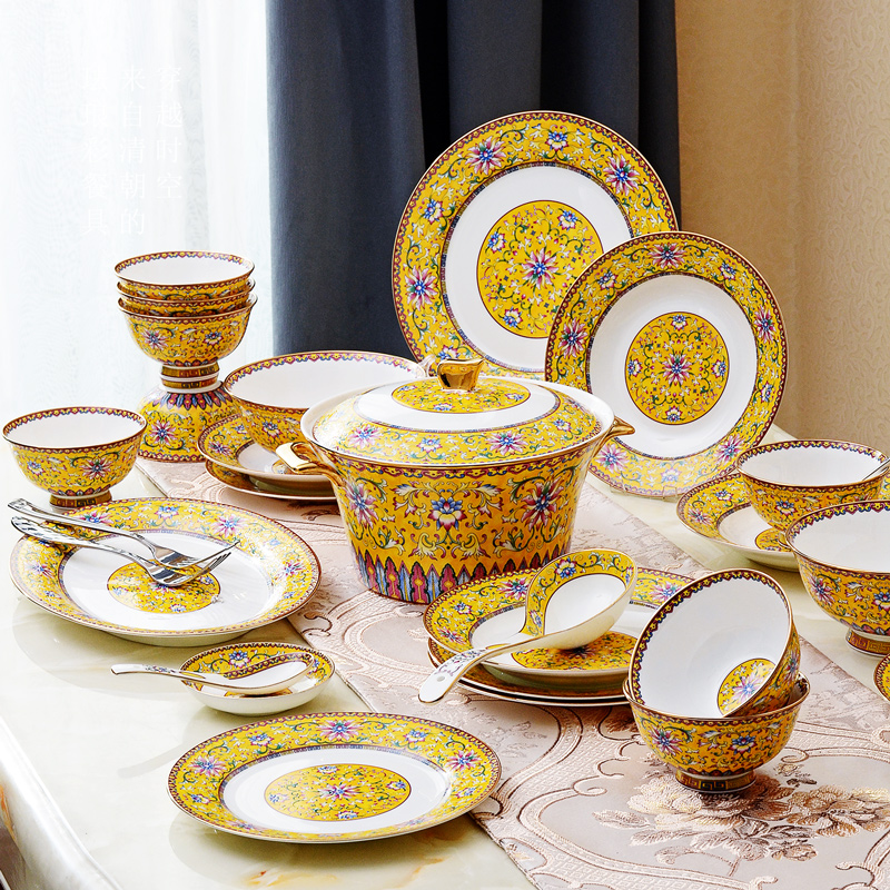 Tangshan ipads porcelain tableware dishes suit household of Chinese style ceramic bowl dish combination 58 head colored enamel tableware gift boxes