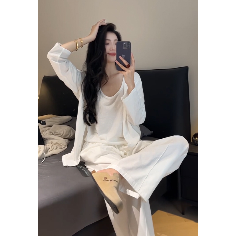 Summer Korean Style, Age-Reducing, Loose, Thin, Sun-Protective White Cardigan, Lazy Vest, Wide-Leg Pants Three-Piece Suit for Women
