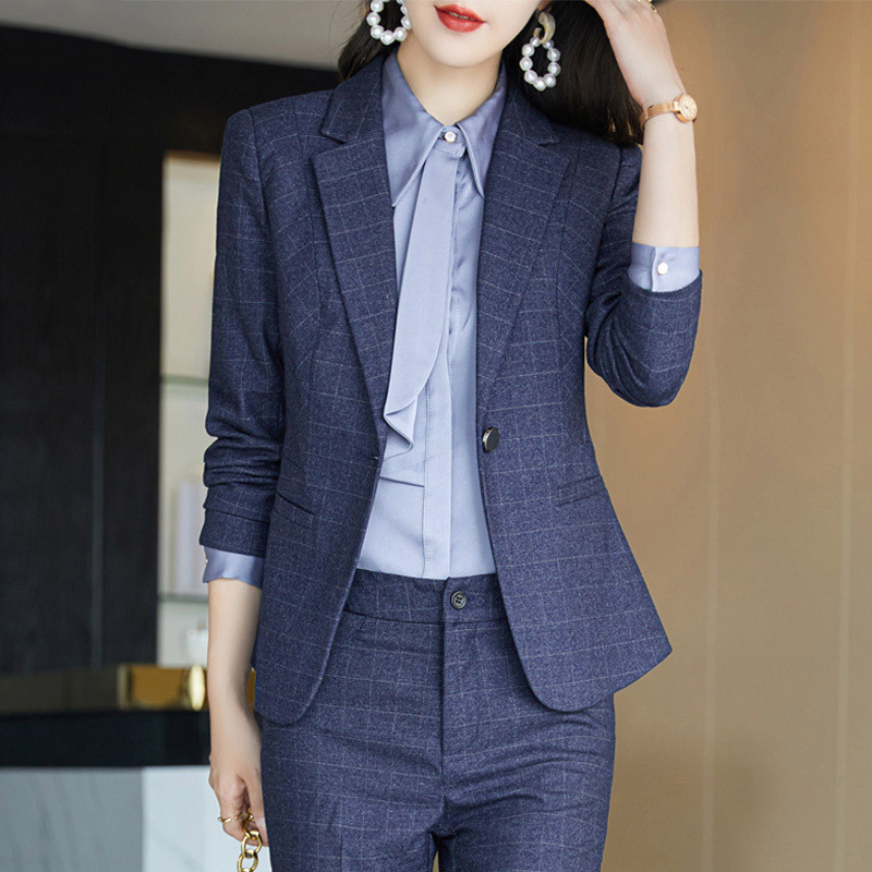 Plaid Blazer for Women 2026 New Spring and Autumn Professional Formal Wear Elegant Business Workwear Blue Suit Set