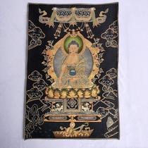 Tibet Tibetan Tibetan Silk Embroidery Gold Silk Brocade Embroidery with Tang Card Pharmacist Buddha Black Gold Pharmacist Buddha Banner Decoration Painting