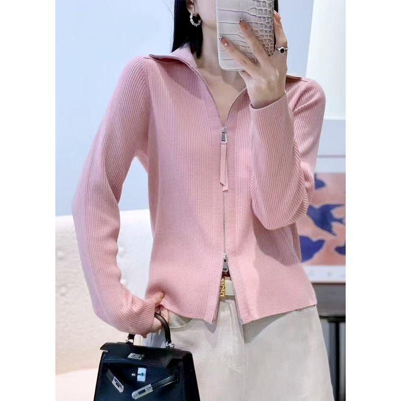 2026 Spring Minimalist Style Lapel Double Zipper Wool Knit Cardigan for Women Slim Fit Short Solid Color Sweater for Outerwear Thin