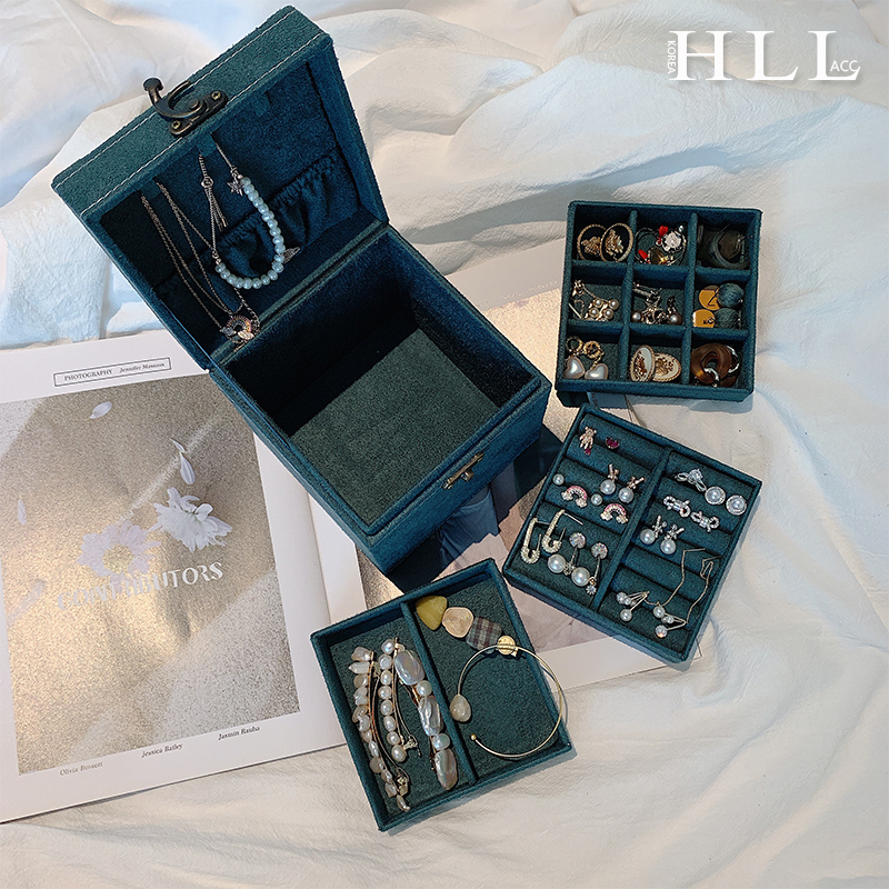 French retro emerald frosted texture multi-layer jewelry box Korean earrings jewelry box storage box European style
