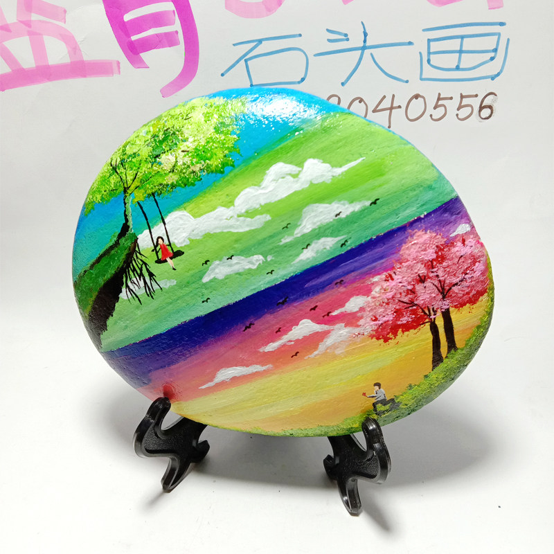 Painted stone painting finished family portrait cartoon landscape pure hand-painted children's birthday gift diy painting pressure book Stone