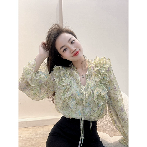 Оригинальный сексуальный лонгслив, рубашка, французский стиль, V-образный вырез, свободный крой, цветочный принт