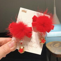 Chinese style Chinese New Year clip antique childrens hair ornaments mink hair hair Bell girl hairclip red New year headdress baby